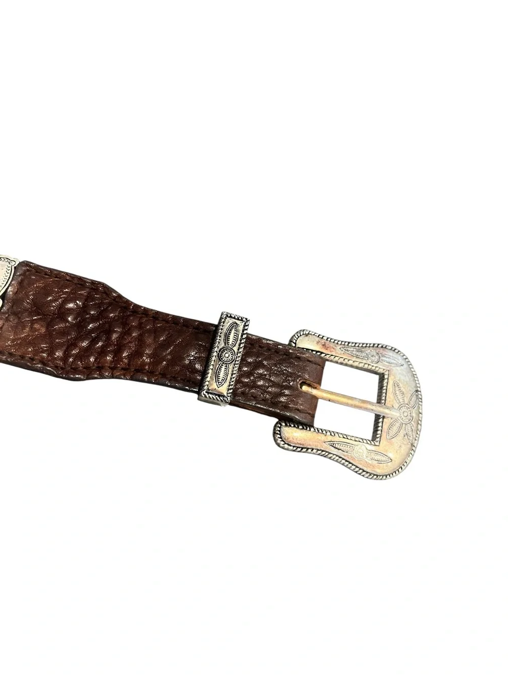 Vintage Full Grain Leather Tooled Conch Silver Toned Belt 32” Western Boho